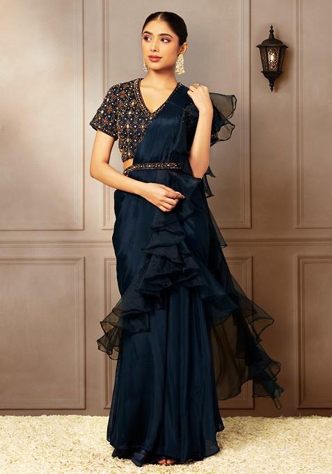 Navy Blue Ruffled Pre-Stitched Saree Set With Embellished Blouse