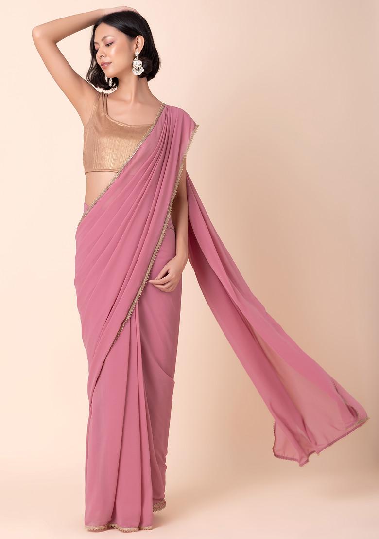 Pink Scallop Border Pre-Stitched Saree (Without Blouse)