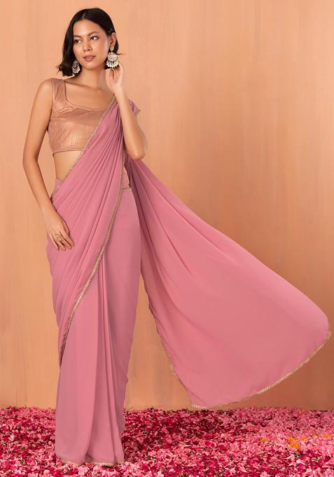 Pink Scallop Border Pre-Stitched Saree (Without Blouse)