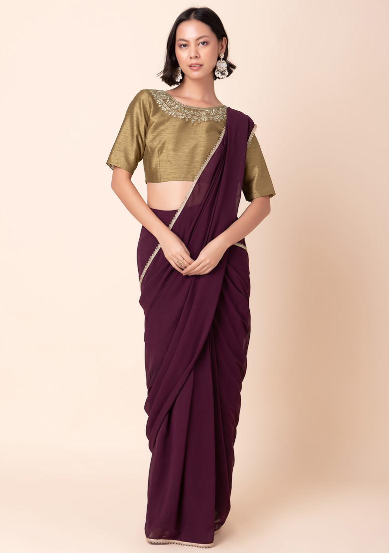Wine Scallop Border Pre-Stitched Saree (Without Blouse)