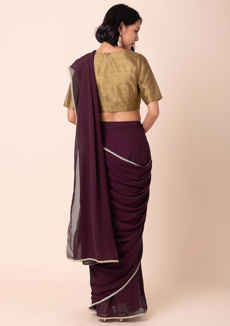 Wine Scallop Border Pre-Stitched Saree (Without Blouse)