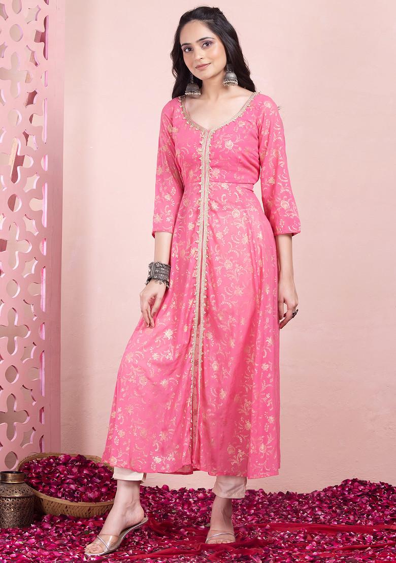 Pink Foil Print High Slit Cut Out Back Kurta