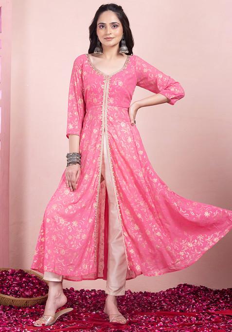 Pink Foil Print High Slit Cut Out Back Kurta