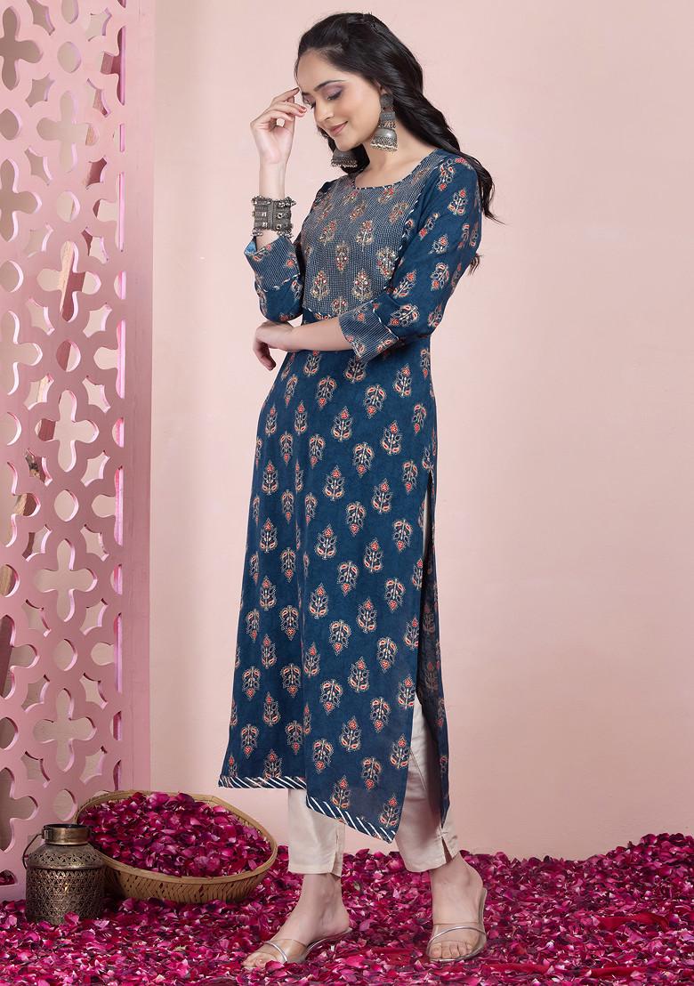 Navy Blue Floral Print Zari Embroidered Rayon Kurta