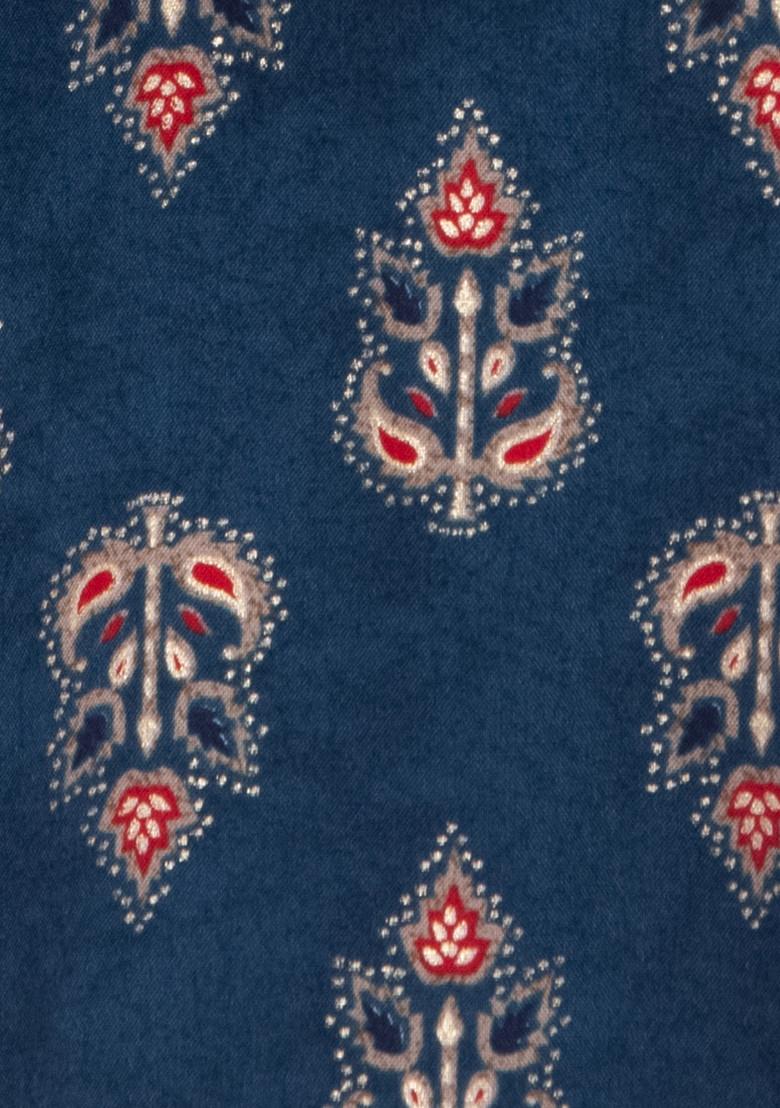 Navy Blue Floral Print Zari Embroidered Rayon Kurta