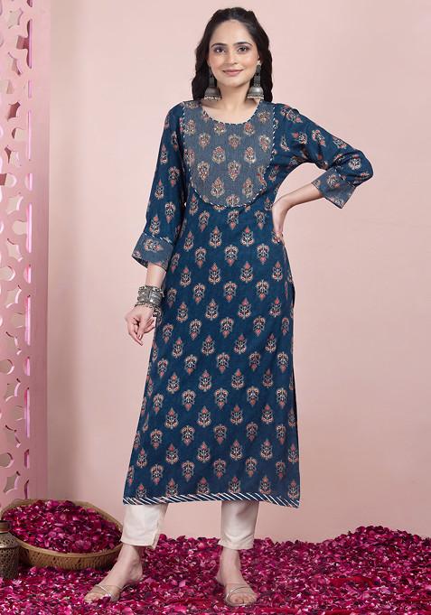 Navy Blue Floral Print Zari Embroidered Rayon Kurta