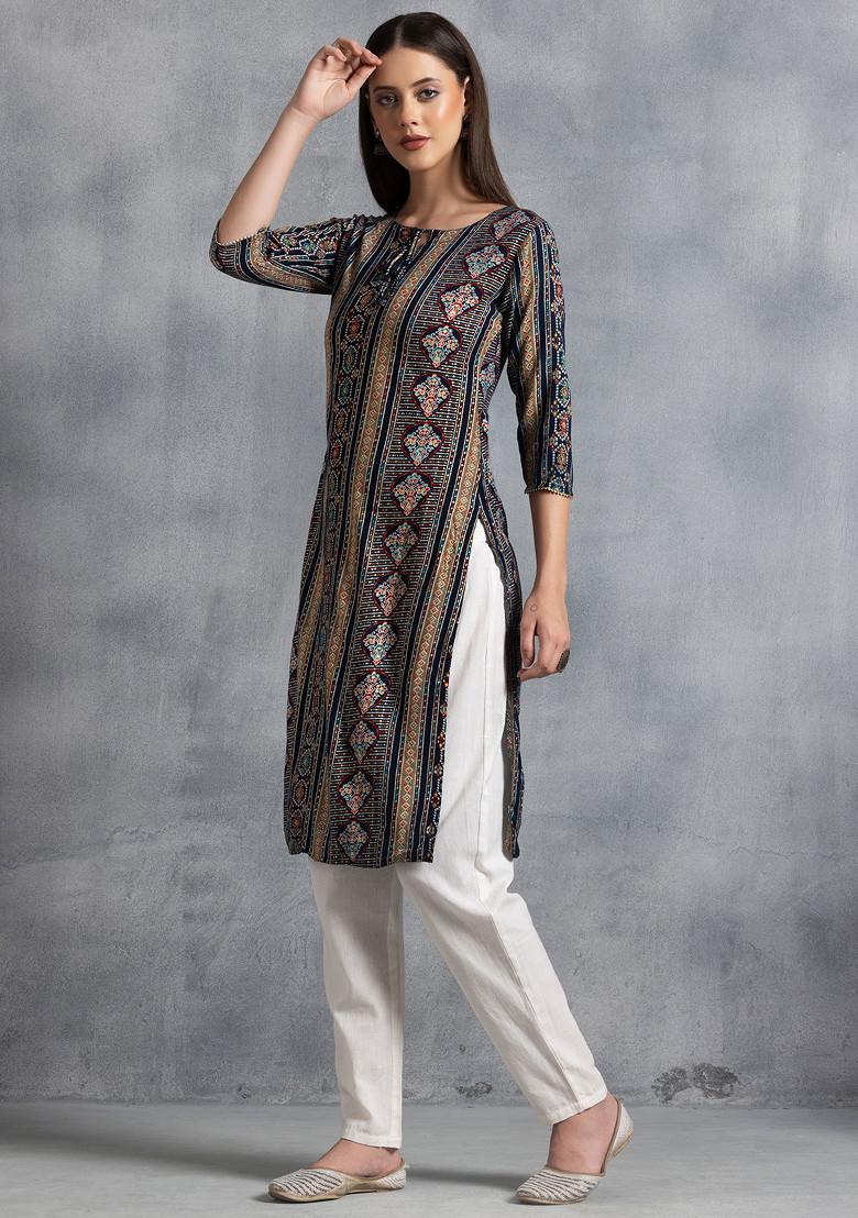Blue Floral Stripe Print Rayon Kurta