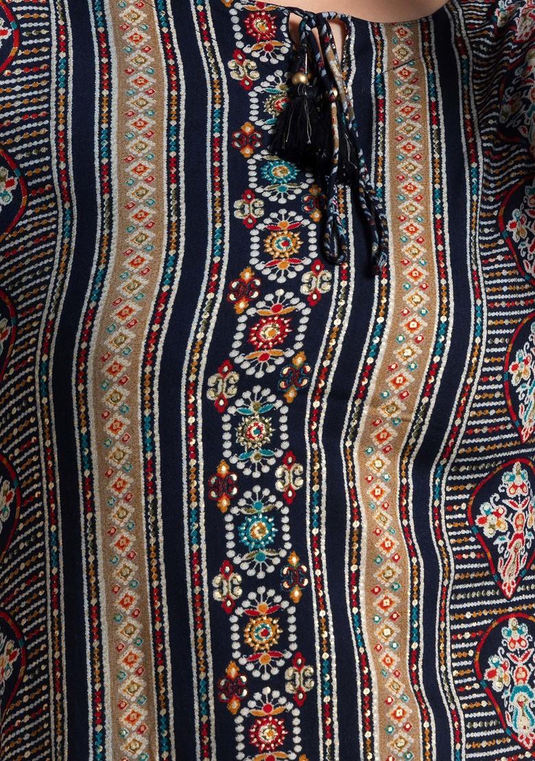 Blue Floral Stripe Print Rayon Kurta