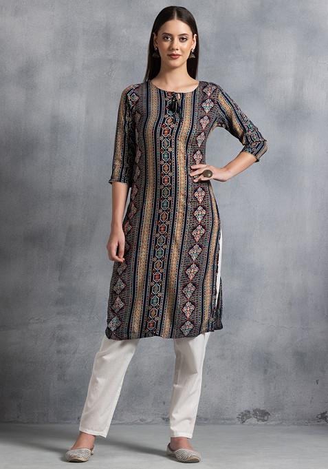 Blue Floral Stripe Print Rayon Kurta