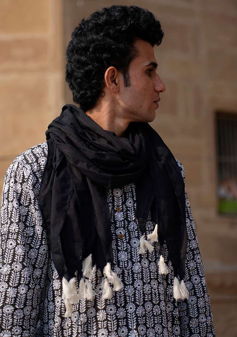 Black Cotton Scarf For Men - Indya