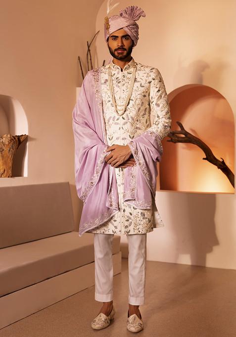 Off White Hand Embroidered Janaab Sherwani Set For Men