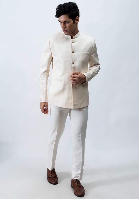 Ivory Embroidered Bandhgala Set For Men