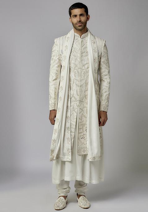 Ivory Hand Embroidered Shawl And Sherwani Anarkali Set For Men