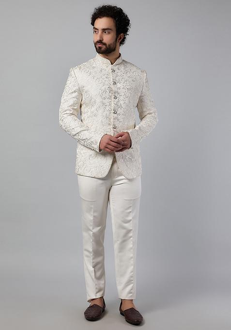 White Self Thread Embroidered Jodhpuri Kurta Set For Men