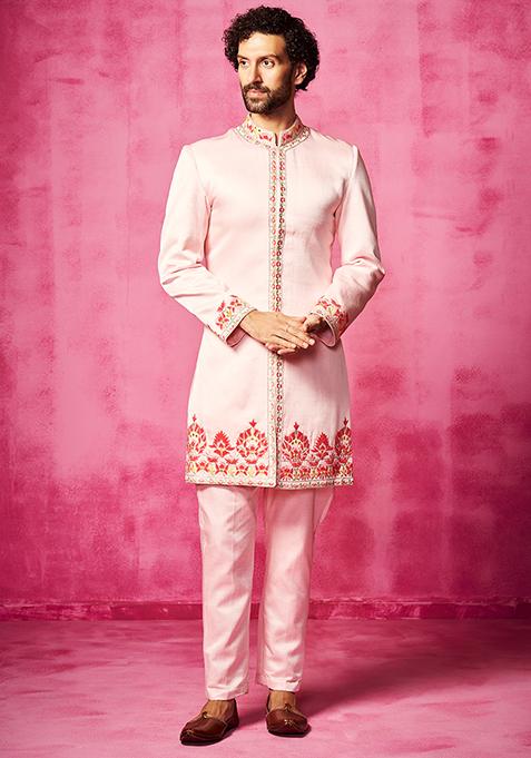 Light Pink Embroidered Sherwani Set For Men