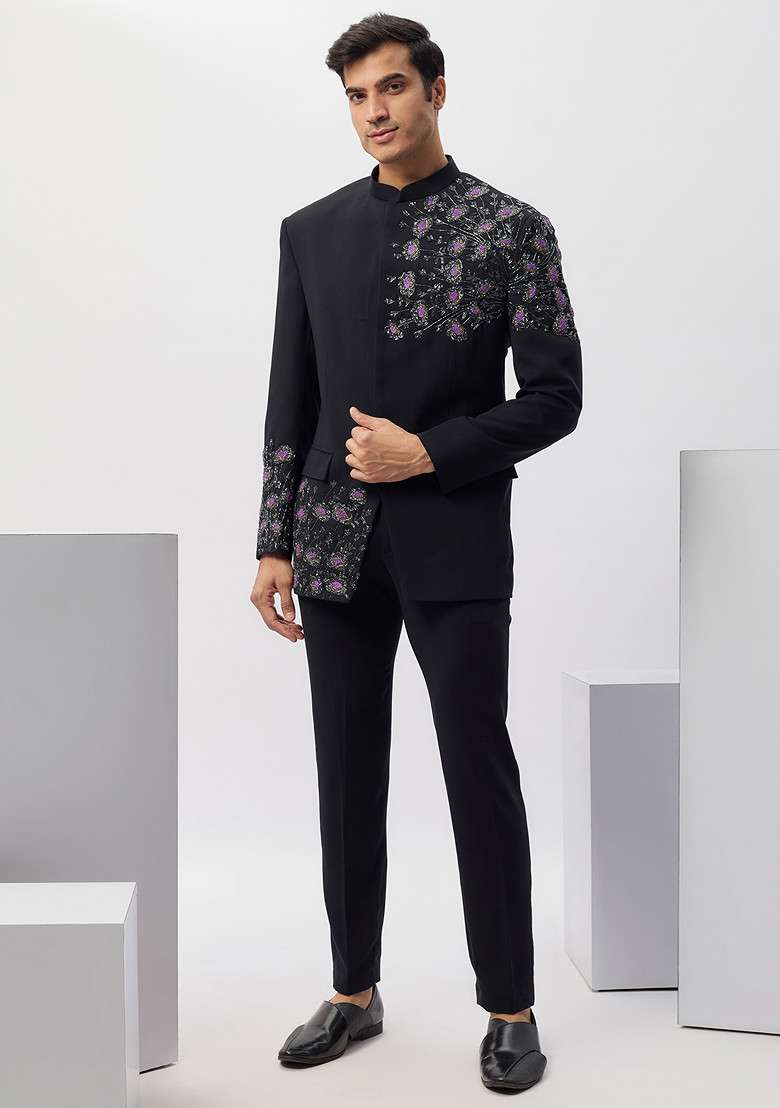 Blue Hand Embroidered Rayon Bandhgala Kurta Set For Men - Indya
