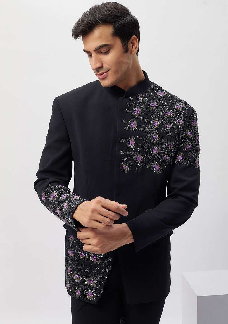 Blue Hand Embroidered Rayon Bandhgala Kurta Set For Men - Indya