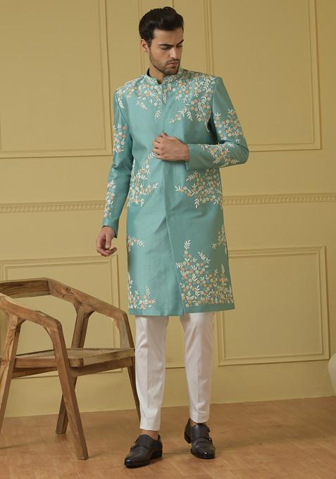 Pastel Olive Green Zardozi Embroidered Marino Sherwani Set For Men