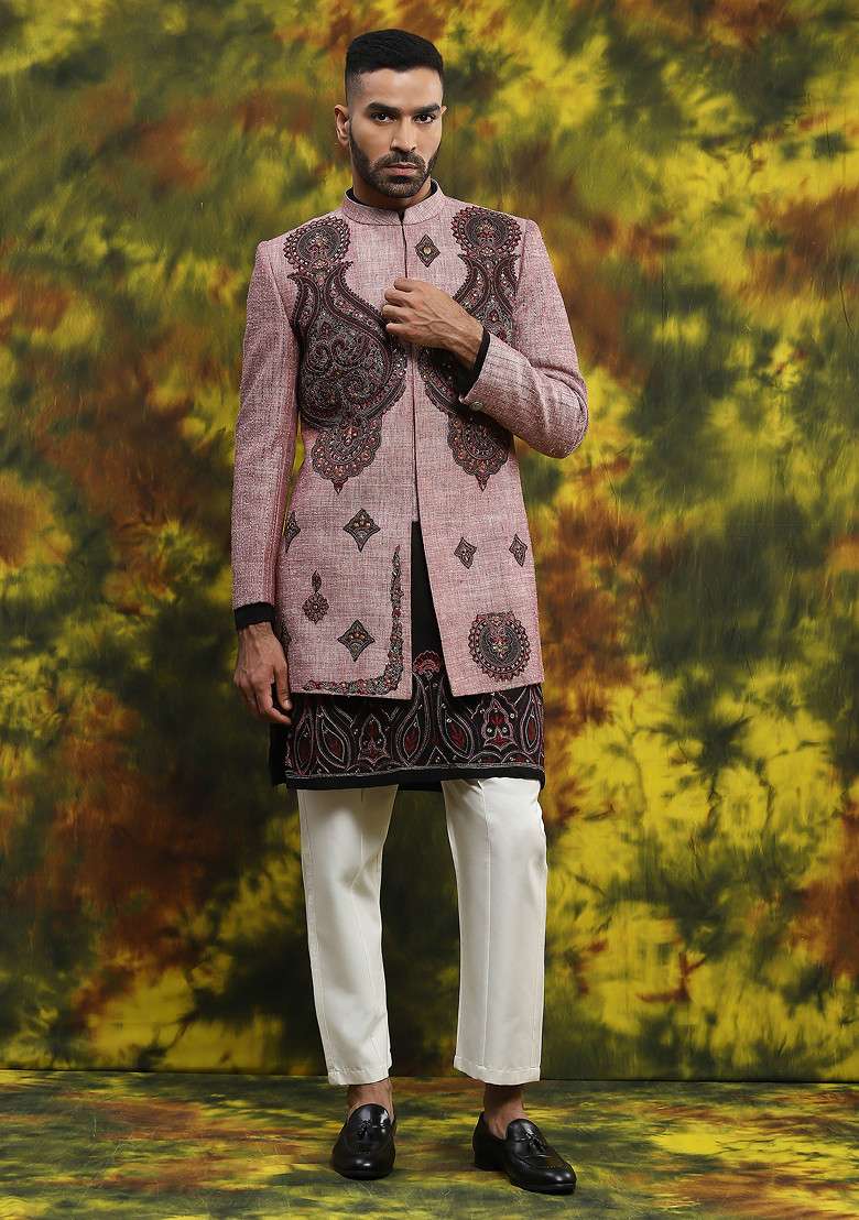 Lilac Embroidered Handloom Silk Sherwani Set For Men - Indya