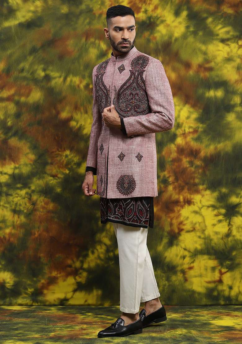 Lilac Embroidered Handloom Silk Sherwani Set For Men - Indya