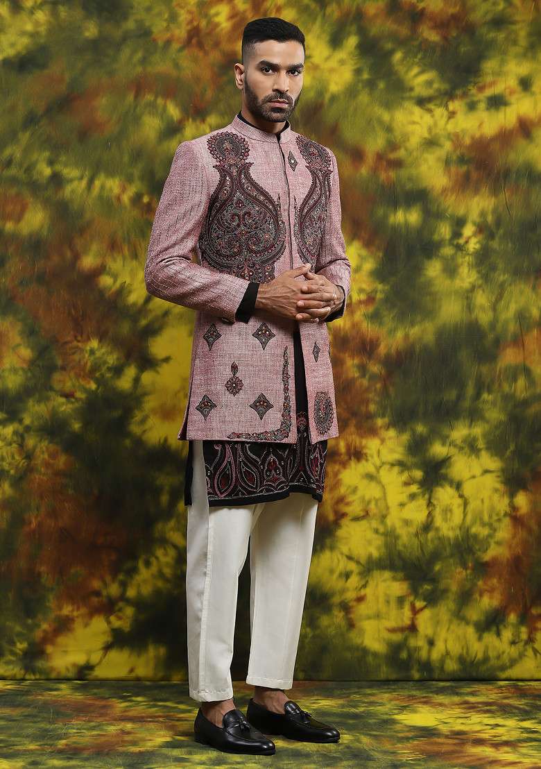 Lilac Embroidered Handloom Silk Sherwani Set For Men - Indya