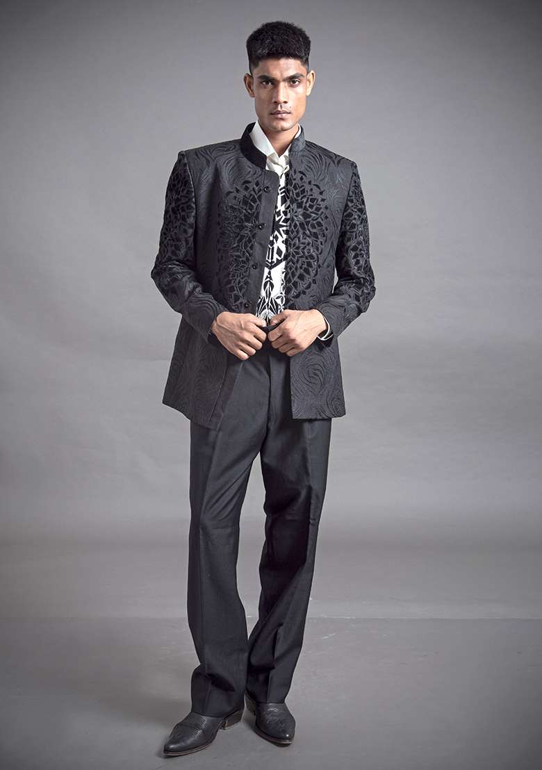 Black Resham And Applique Linen Bandhgala For Men - Indya