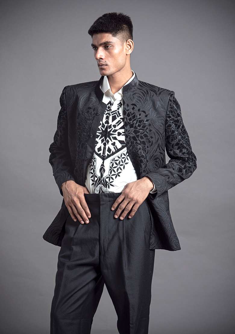 Black Resham And Applique Linen Bandhgala For Men - Indya