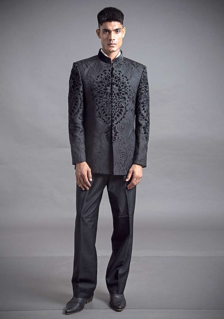 Black Resham And Applique Linen Bandhgala For Men - Indya