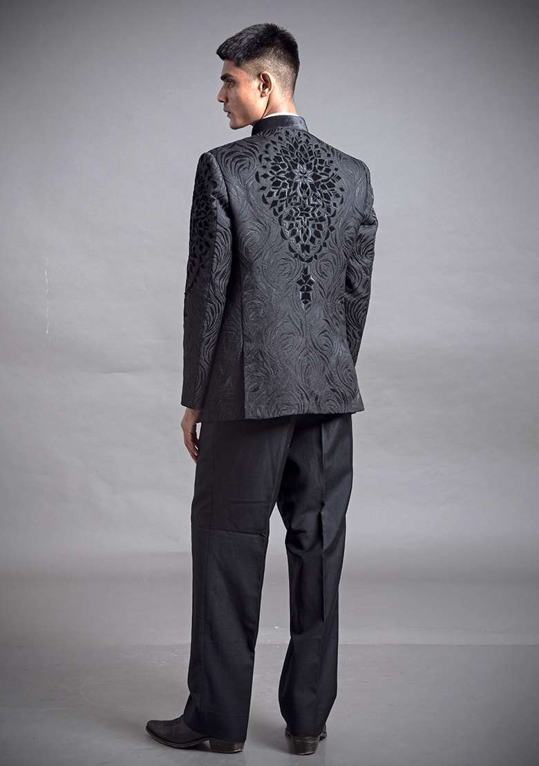 Black Resham And Applique Linen Bandhgala For Men - Indya