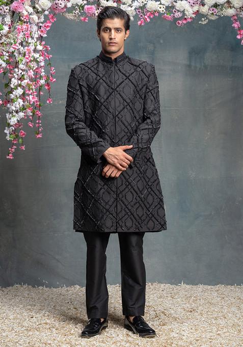 Black Embroidered Cotton Silk Sherwani Set For Men