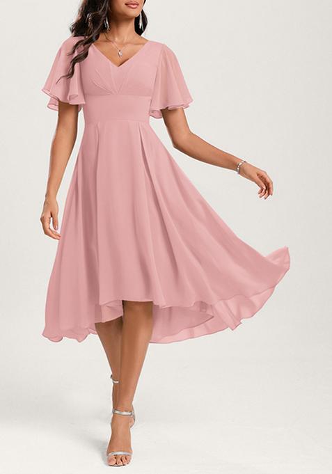 Blush Pink A-line V-Neck Ruffled Asymmetrical Georgette Dress