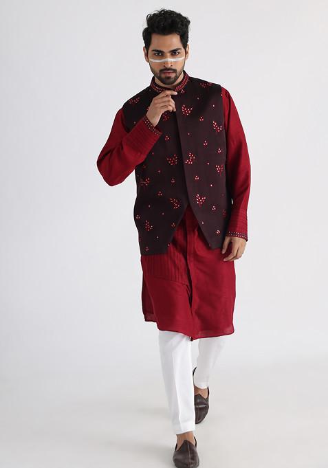 Brown Embroidered Linen Satin Nehru Jacket For Men