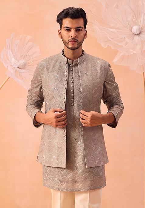 Misty Olive Hand Embroidered Open Nehru Jacket Set For Men