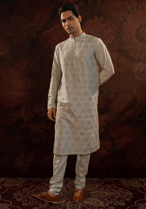 Powder Blue Floral Embroidered Kurta Set For Men