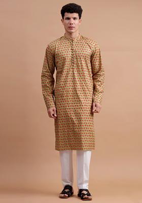 Green Woven Cotton Kurta Set For Men