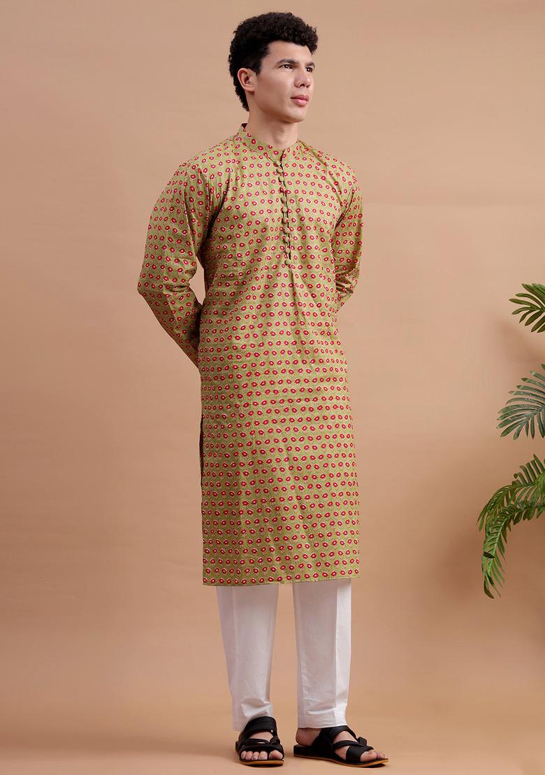Green Woven Cotton Kurta Set For Men