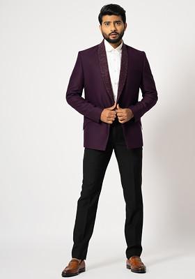 Wine Solid Suiting Fabric Blazer Set For Men