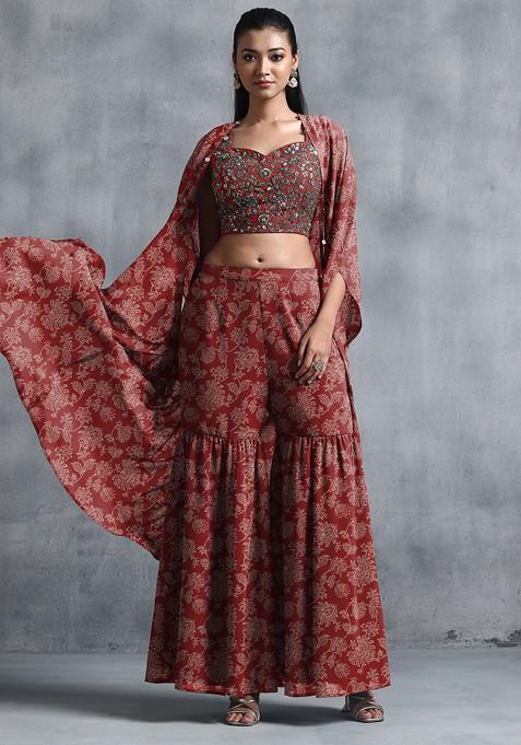 Maroon Jacket Set With Sequin Hand Embroidered Blouse And Sharara