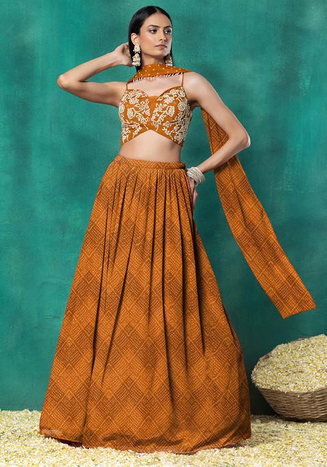 Orange Lehenga Set With Floral Pearl Hand Embroidered Blouse And Choker Dupatta