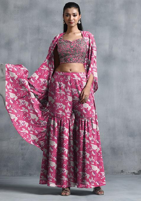 Fuchsia Pink Jacket Set With Sequin Hand Embroidered Blouse And Sharara