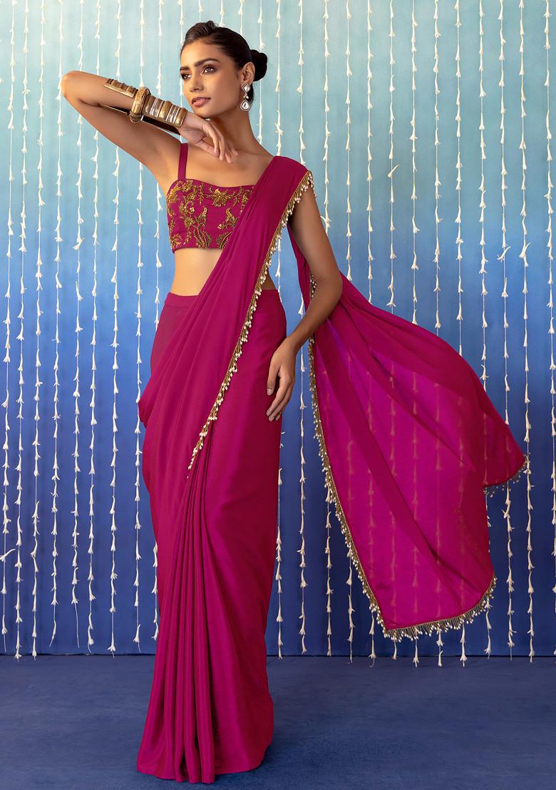 Fuchshia Pink Pre-Stitched Saree Set With Floral Embroidered Strappy Blouse