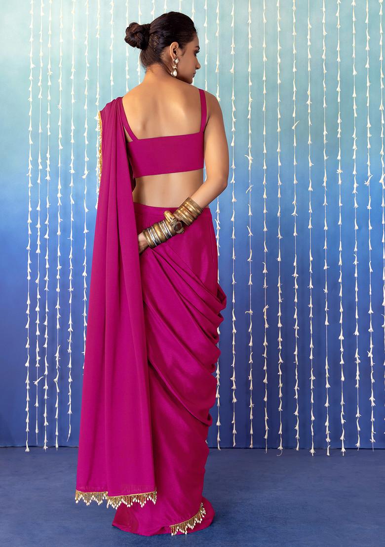 Fuchshia Pink Pre-Stitched Saree Set With Floral Embroidered Strappy Blouse