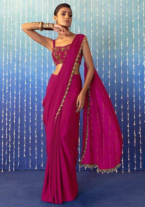 Fuchshia Pink Pre-Stitched Saree Set With Floral Embroidered Strappy Blouse