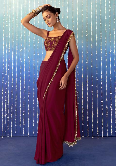 Wine Pre-Stitched Saree Set With Floral Embroidered Strappy Blouse