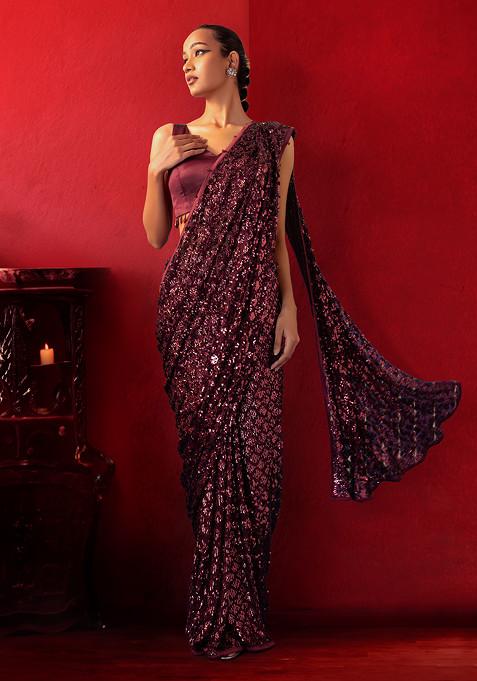 Deep Maroon Tonal Sequin Embroidered Pre-Stitched Saree Set With Satin Blouse