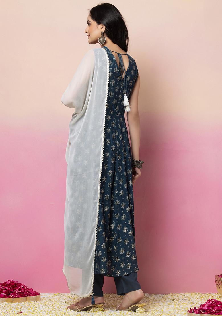 Blue Embroidered Muslin Anarkali Kurta With Pants And Dupatta (Set of 3)