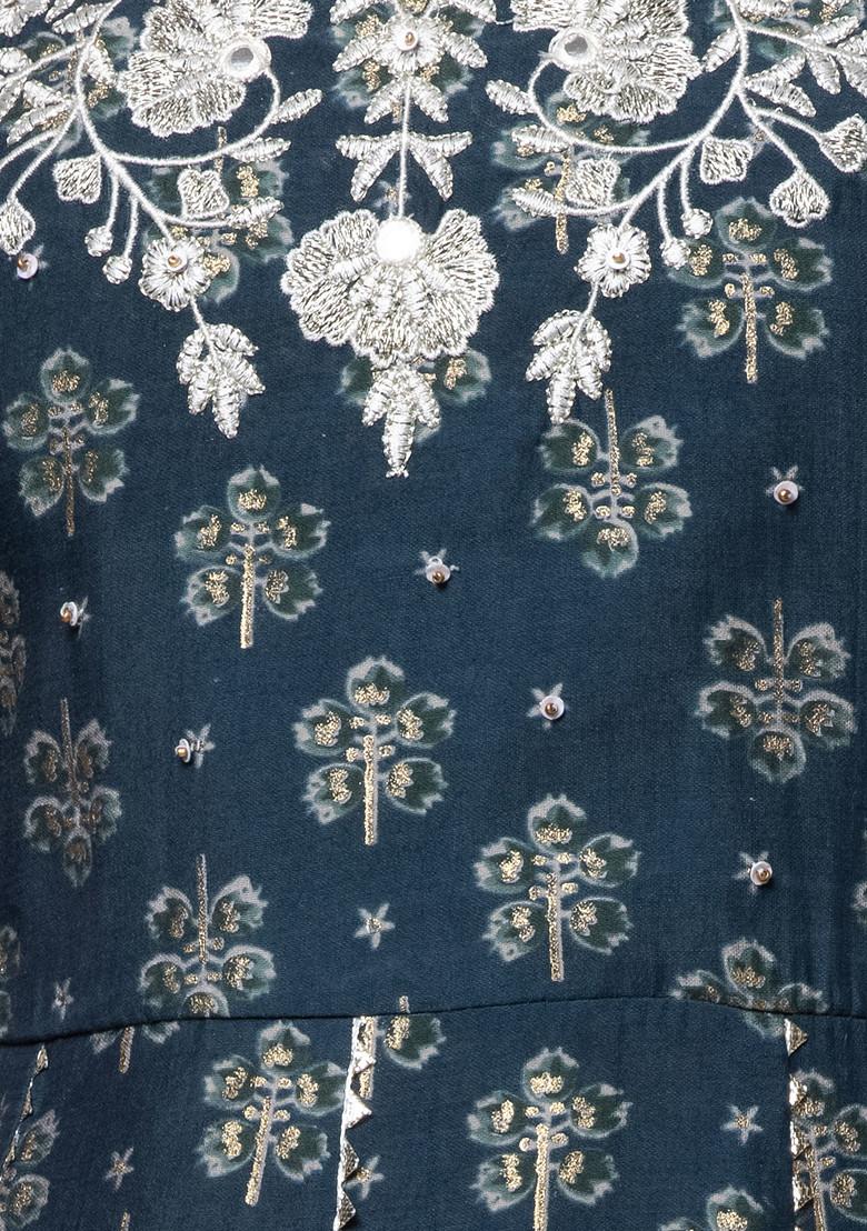 Blue Embroidered Muslin Anarkali Kurta With Pants And Dupatta (Set of 3)