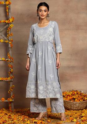 Powder Blue Embroidered Cotton Kurta And Pants (Set of 2)