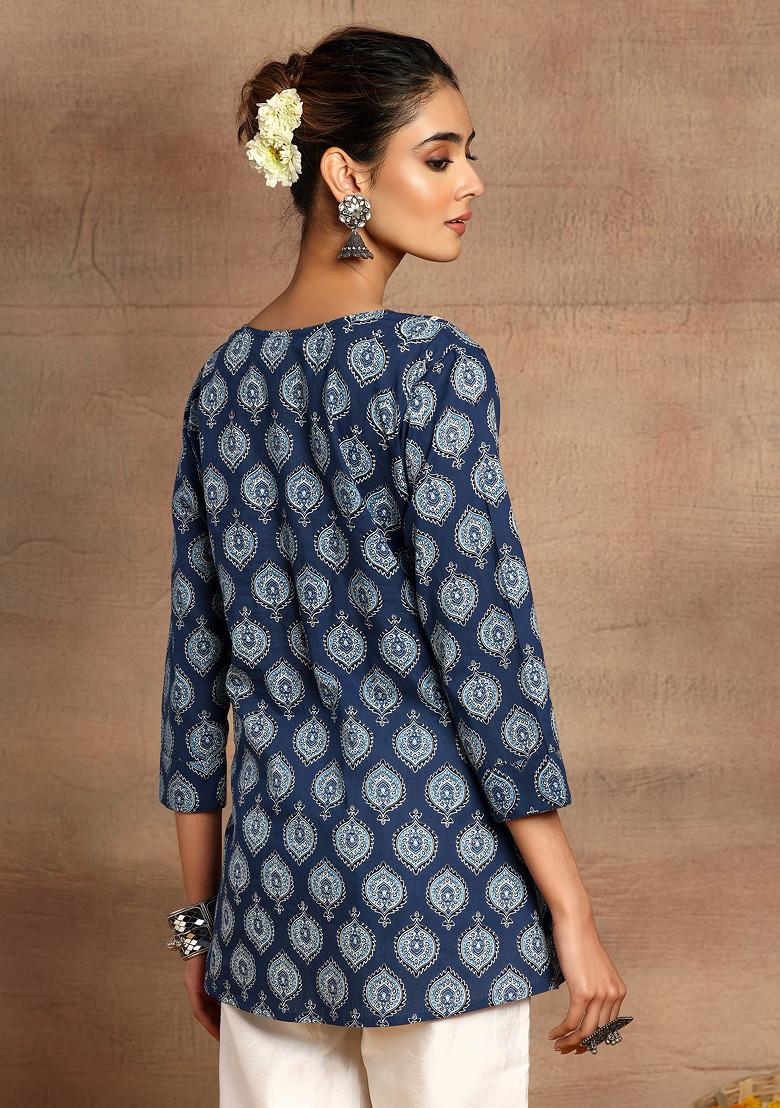 Indigo Blue Floral Print Cotton Short Peplum Kurta