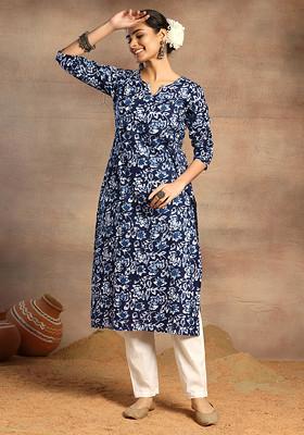 Indigo Blue Floral Print Cotton Straight Kurta